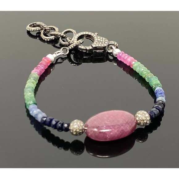Natural Ruby, Emerald and Sapphire Pave Diamond Bracelet - Picture 1 of 9